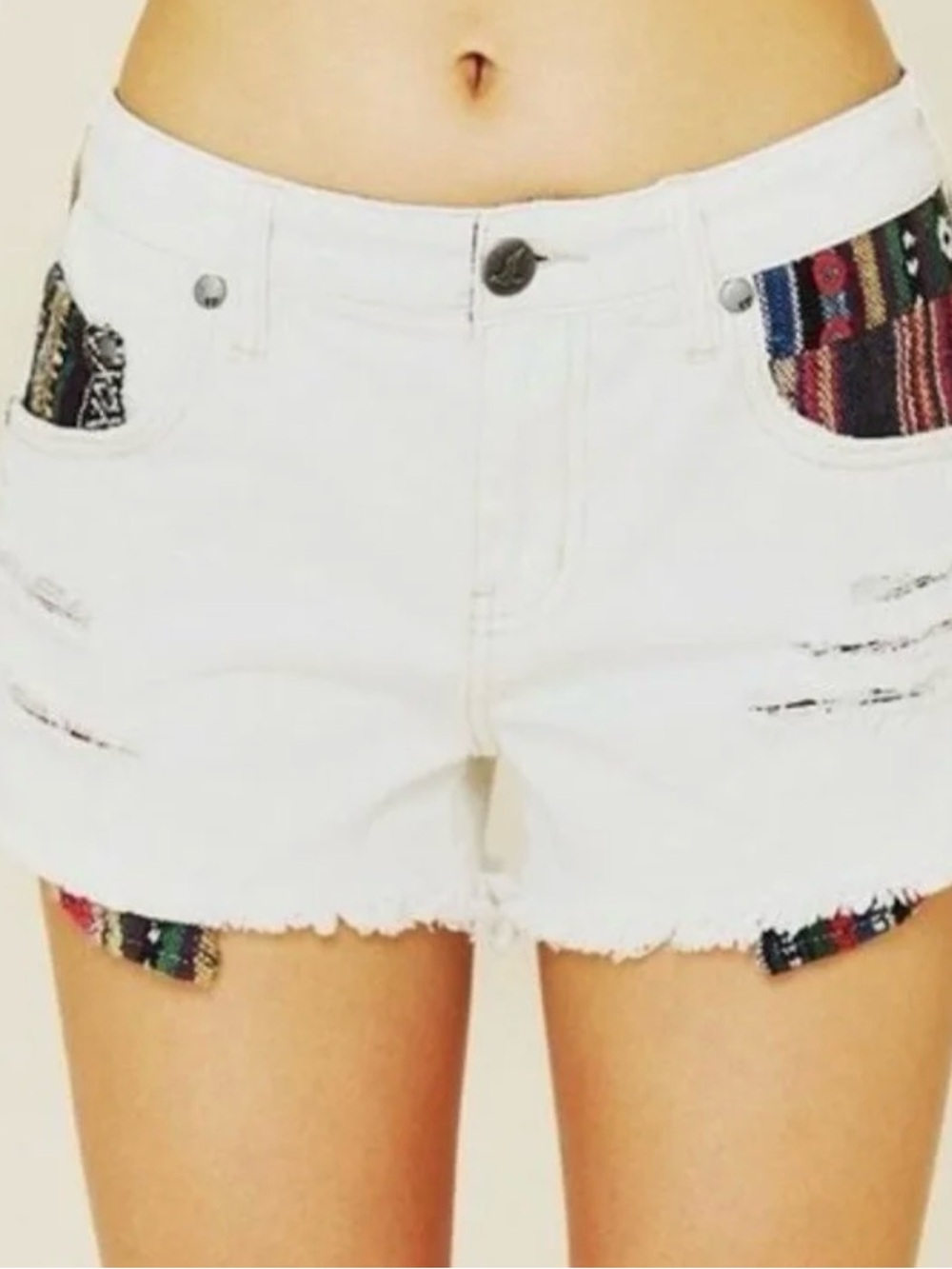 Free People White Denim Shorts with Colorful Tribal Insets